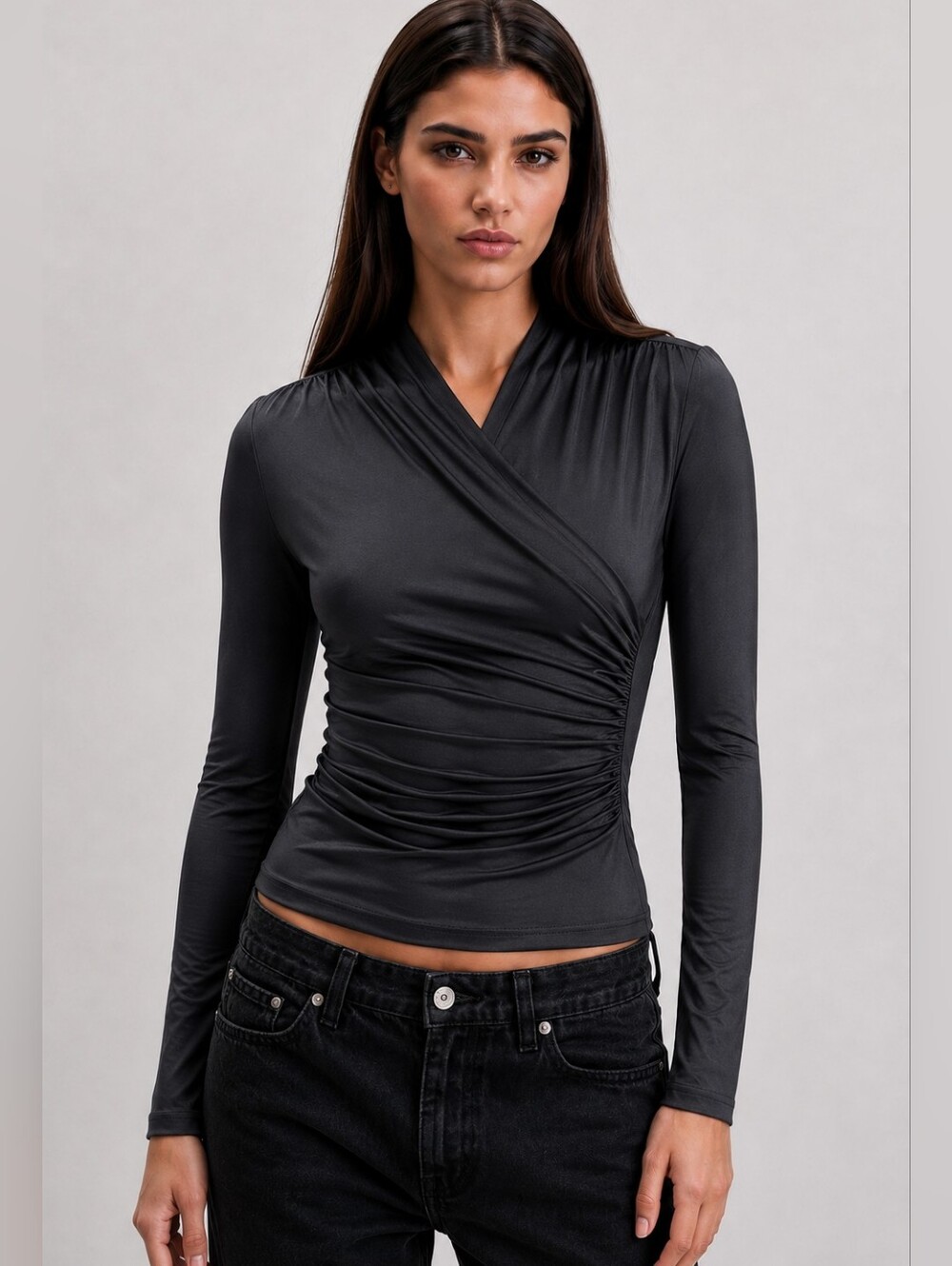 💔 H&M Soft Glossy Jersey Wrap Long Sleeve Top - Black, US XS